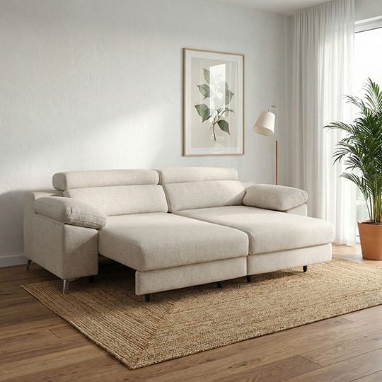 Sofá Solaris con chaise longue y alfombra de fibra natural