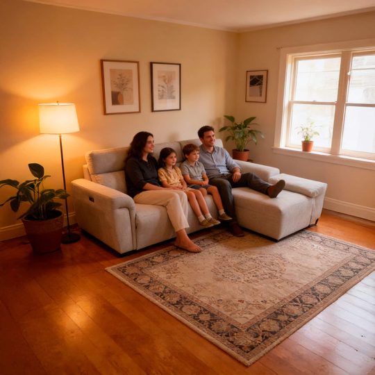 Una familia sentada en el sofá Telúrico con chaise longue