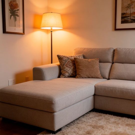 Sofá Telúrico con chaise longue junto a una lámpara de pie