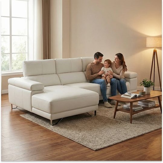 Familia en el sofá Uniq de piel blanca con chaise longue